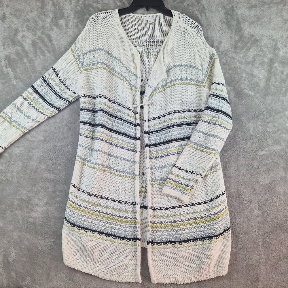 J Jill Sweater Cardigan Womens Medium White Blue Striped Open Knit Longline Boho